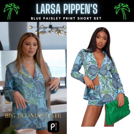 Feelin’ Blue // Get Details On Larsa Pippen’s Blue Paisley Print Short Set With The Link In Our Bio #RHOM # LarsaPippen 