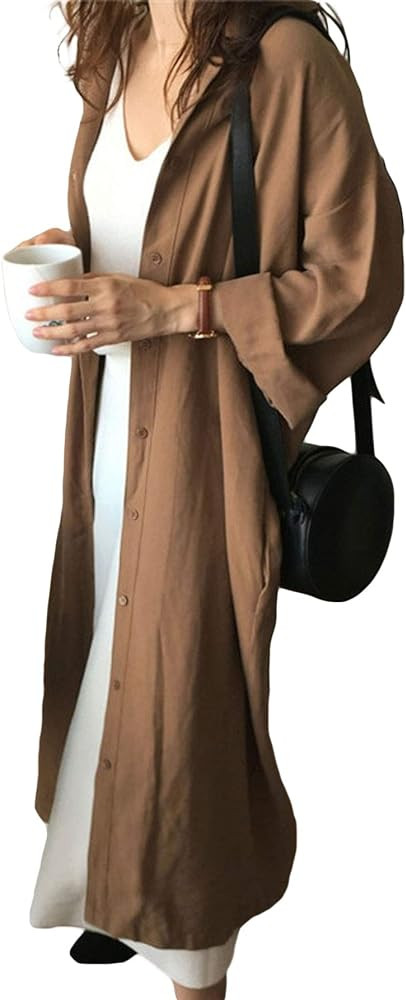 GGUHHU Womens Chic Button Down Rolled-Up Sleeve Long Cotton Blouse Maxi Dress | Amazon (US)