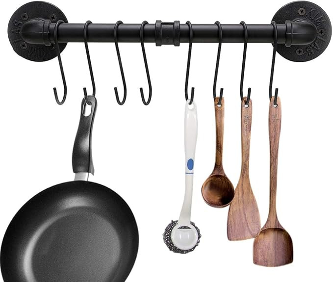Sumnacon 16 Inch Industrial Pipe Pan Pot Rack with 8-Hooks, Wall Mounted Metal Rail Kitchen Utens... | Amazon (US)