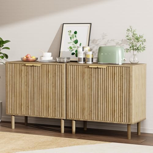 Sideboard Buffet Cabinet with Storage, Modern Fluted Accent Credenza with Doors & Adjustable Shelves, Wood Coffee Bar Console Table for Living Room, Dining Room, Kitchen or Entryway 31.5"(2pcs)Oak | Amazon (US)