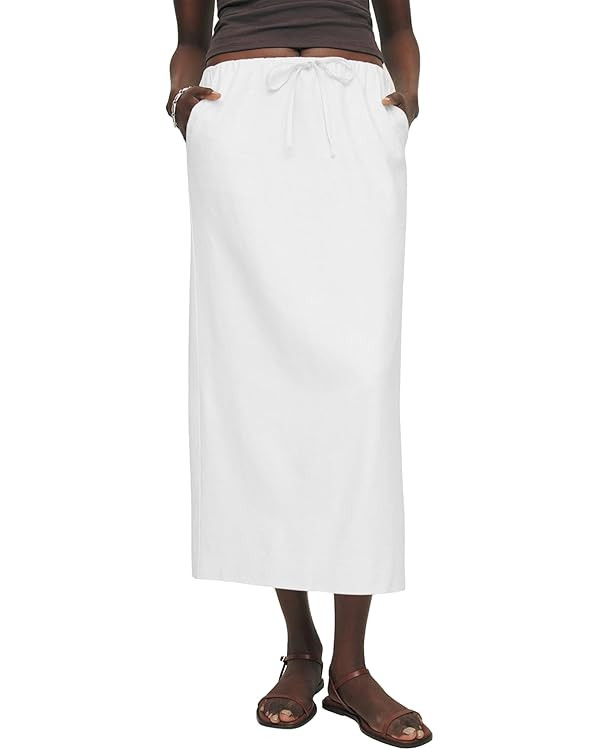 IDEALSANXUN Womens Cotton Linen Skirts Trendy Elastic Waist Drawstring Long Skirts with Slit | Amazon (US)