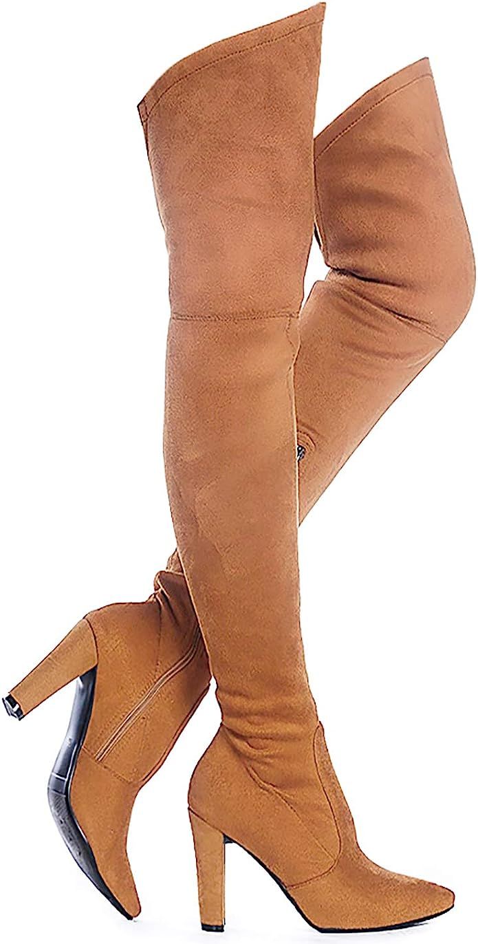 Shoe'N Tale Women Stretch Suede Chunky Heel Thigh High Over The Knee Boots | Amazon (US)