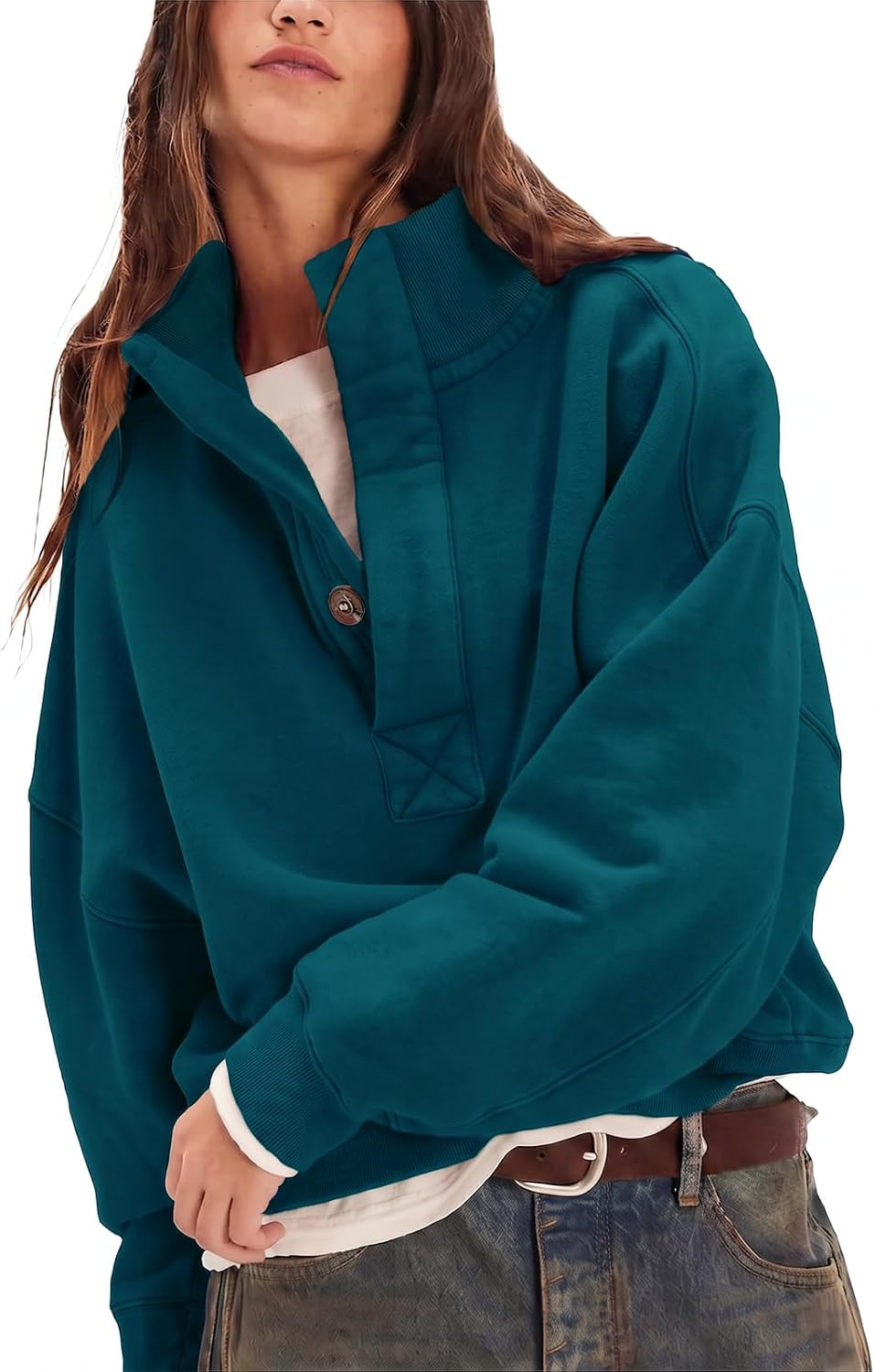 Gnveub Sweatshirt for Women Oversized Henley Neck Long Sleeve Button Pullover Tops Trendy Outfits Clothes | Amazon (US)