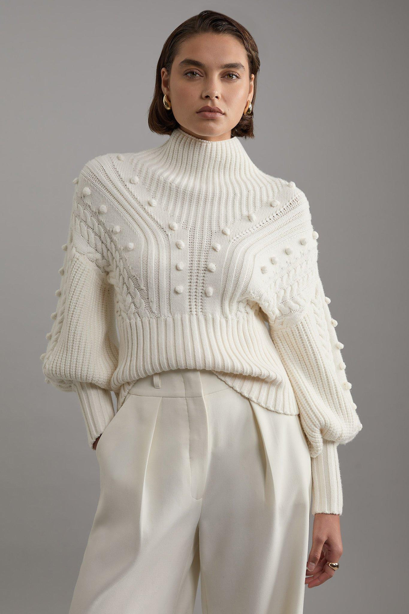 Bobble Detail Balloon Sleeve Cable Knit Viscose Blend Jumper | Karen Millen UK + IE + DE + NL