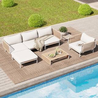 5-Piece Outdoor Sectional Sofa Set All-Weather Patio Conversation Sofa Set with Cushions and Removable armrests in Beige | The Home Depot