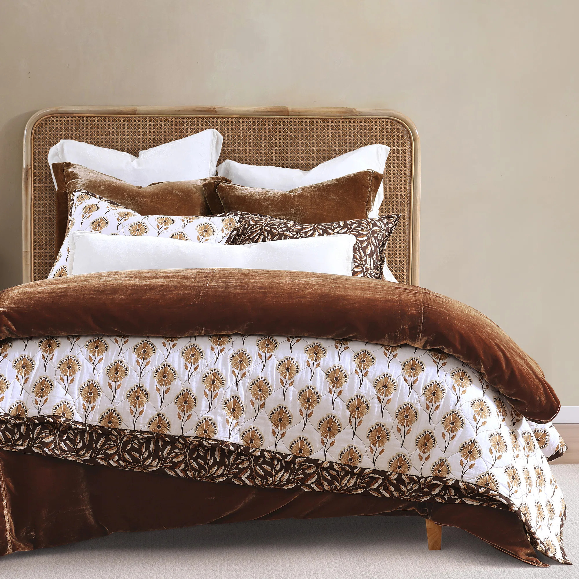 Woodstock White Tan Floral Fall Leaves Print Classic Reversible Cotton Quilt Set | Wayfair North America