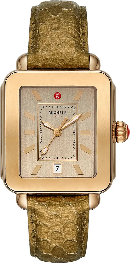MICHELE Deco Sport Watch Head & Olive Leather Strap Watch, 34mm | Nordstrom | Nordstrom