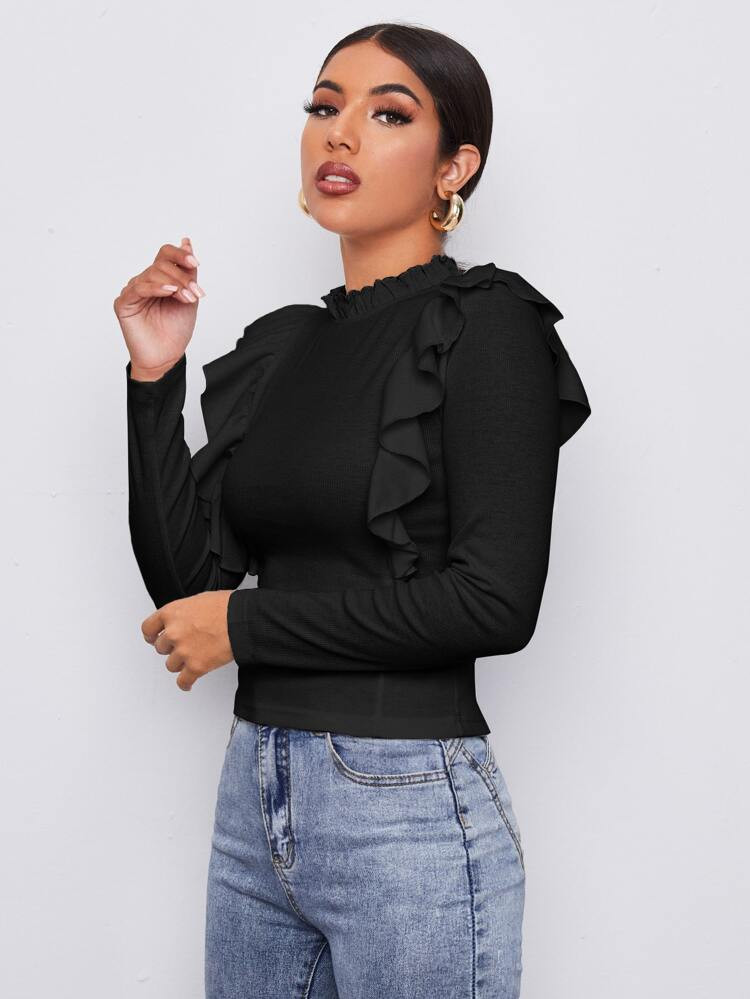 SHEIN Frill Neck Ruffle Trim Form Fitted Top | SHEIN