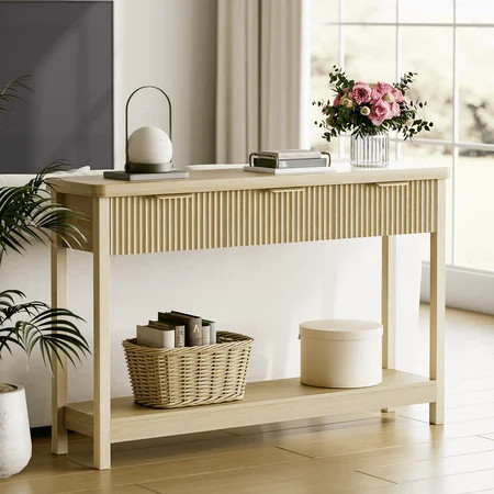 Laintene Fluted Console Table, 51" Narrow Entryway Table with 3 Drawers, Wood Console Sofa Table with Storage Open Shelf, Modern Display Shelf for Hallway Living Room Foyer, Natural Oak | Walmart (US)