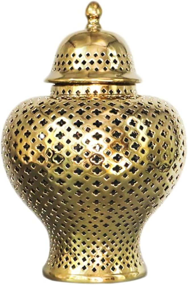 Vintage Gold Pierced Ginger Jar with Lid,Carved Lattice Decorative Hollow Temple Jar，Stunning H... | Amazon (US)