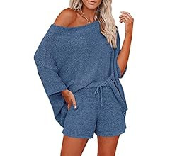 Ekouaer Women 2 Piece Outfits Sweater Sets Off Shoulder Knit Pajama Set 3/4 Sleeve Tops Drawstrin... | Amazon (US)
