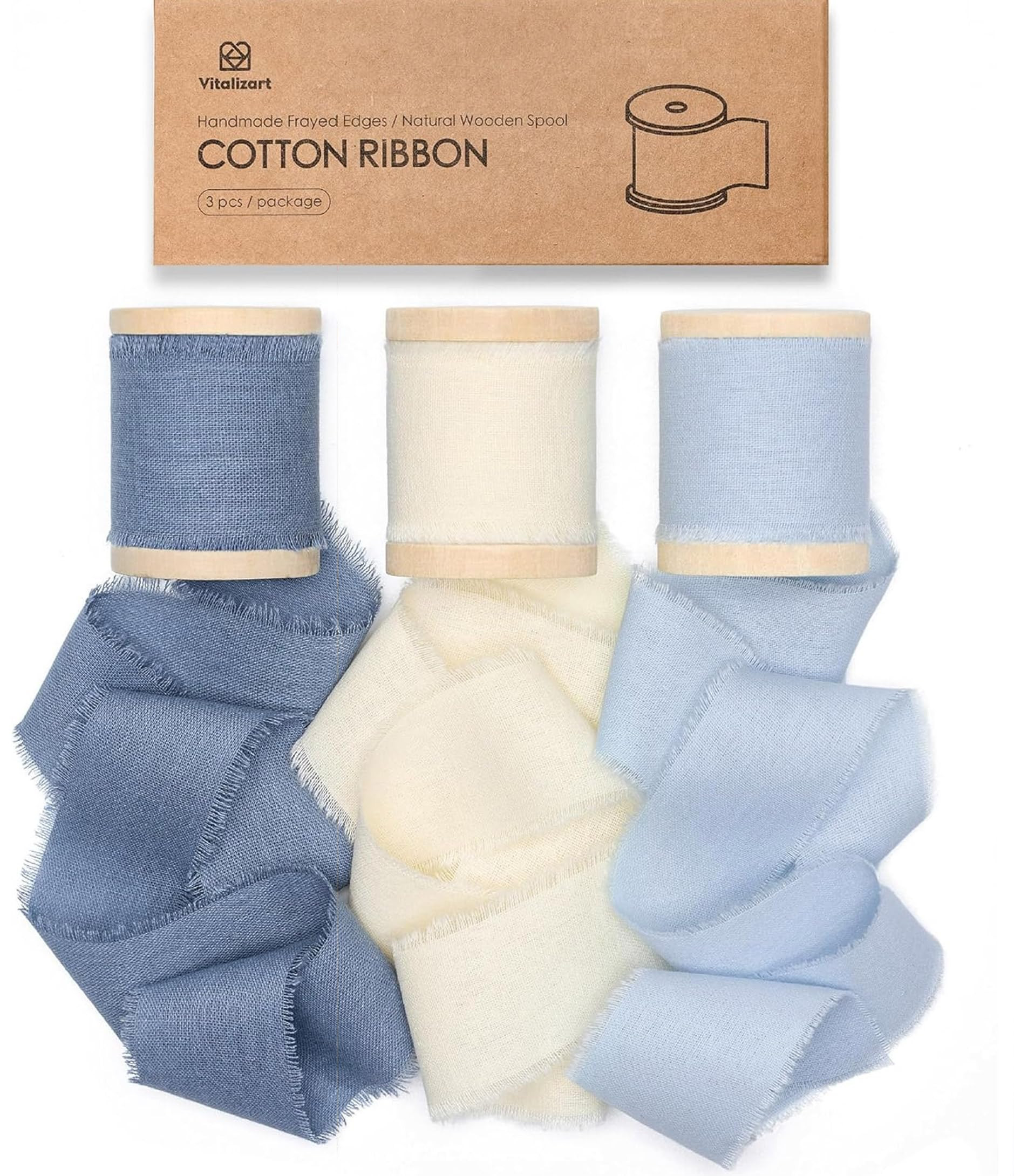 Vitalizart 100% Cotton Ribbon 1-1/2" x 15 Yd Blue & White Handmade Frayed Fringe Fabric Ribbons f... | Amazon (US)