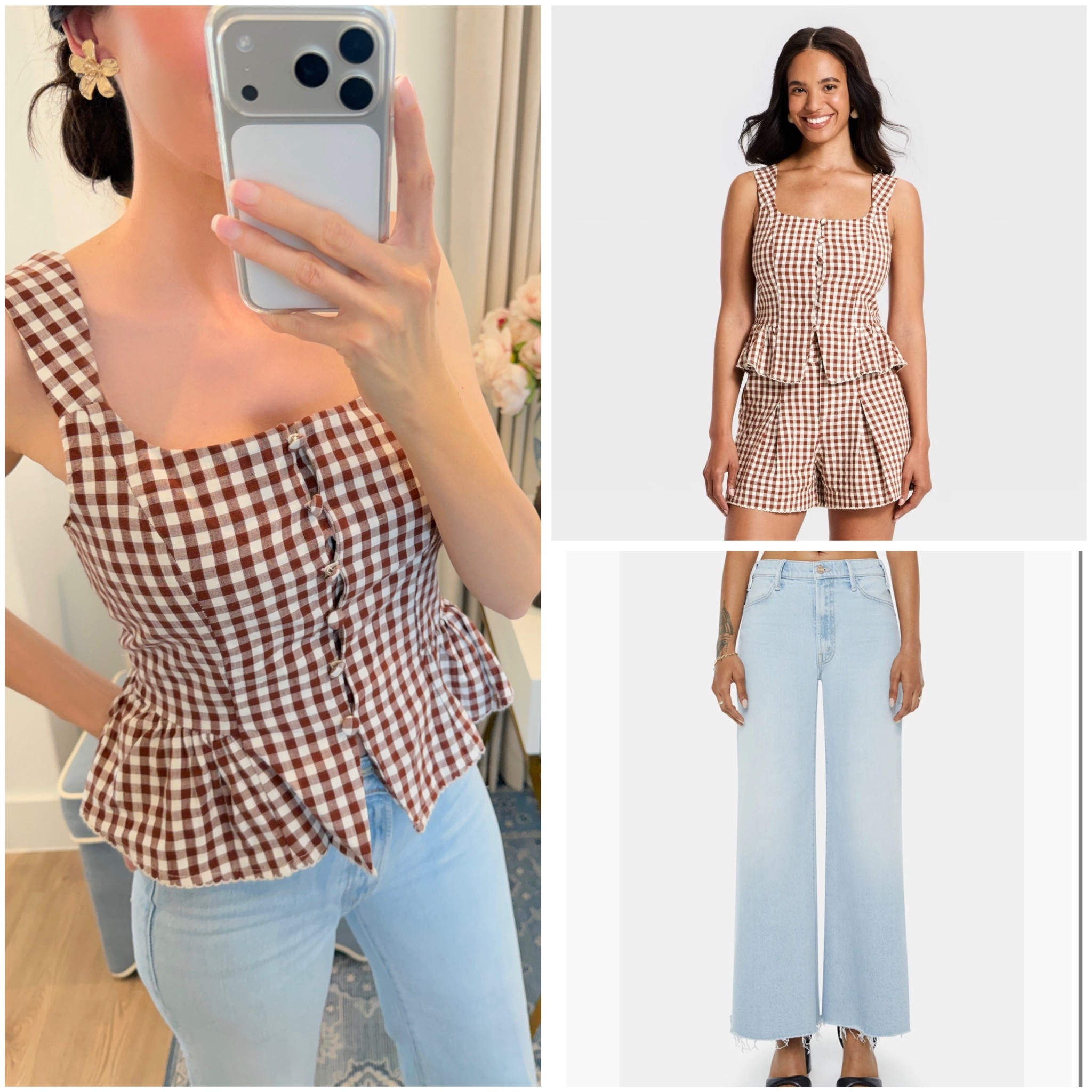 Best sellers of the week! 🤎 This darling gingham top and new Mother jeans are selling fast! Size up in jeans if between sizes
#targetfinds #springoutift brown top spring outfit idea mother denim wide leg jeans light blue wash 

#LTKSaleAlert #LTKootd #LTKSeasonal