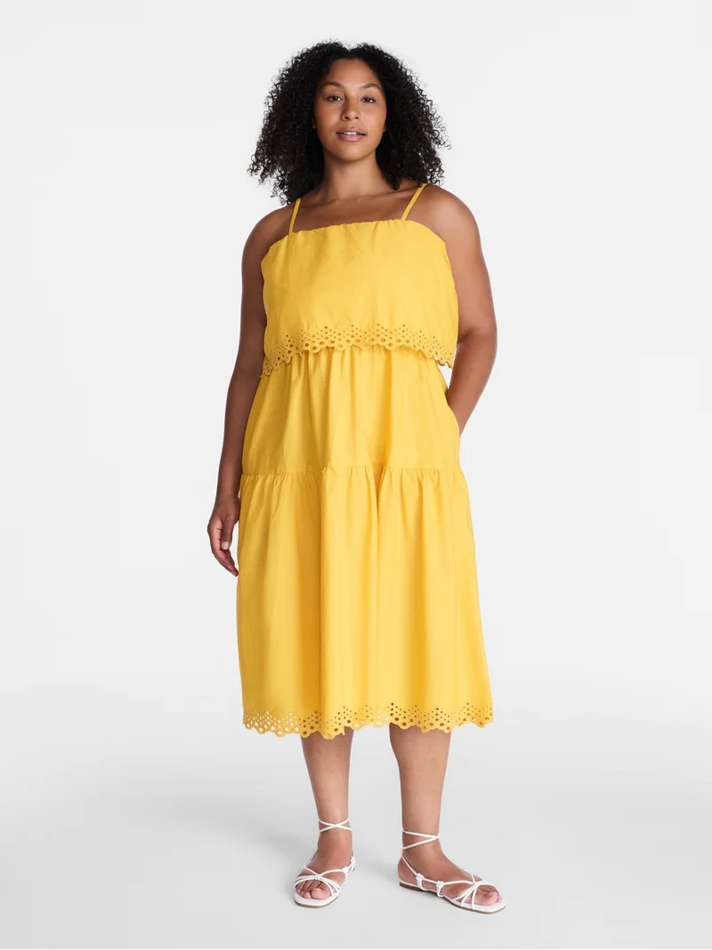 Time and Tru Women's and Women's Plus Eyelet Trim Cotton Midi Dress, Sizes XS-4X | Walmart (US)