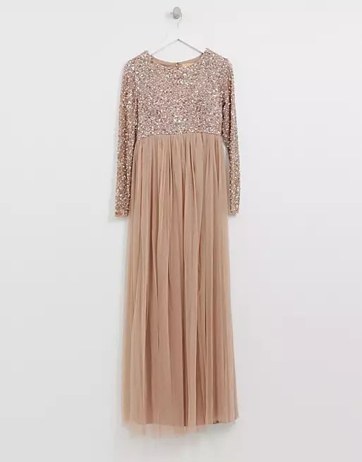 Maya Maternity Bridesmaid long sleeved maxi dress with delicate sequin and tulle skirt in taupe b... | ASOS (Global)