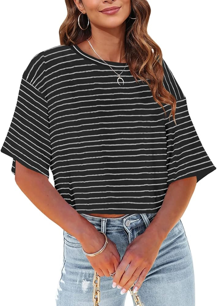 Tankaneo Women Half Sleeve Cropped T-Shirts Drop Shoulder Round Neck Crop Tops Casual Summer Soli... | Amazon (US)