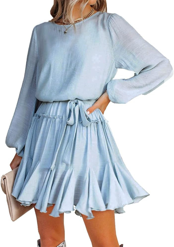R.Vivimos Women's Fall Cotton Long Sleeves Casual Ruffle Hem Swing Mini Dress with Belt | Amazon (US)