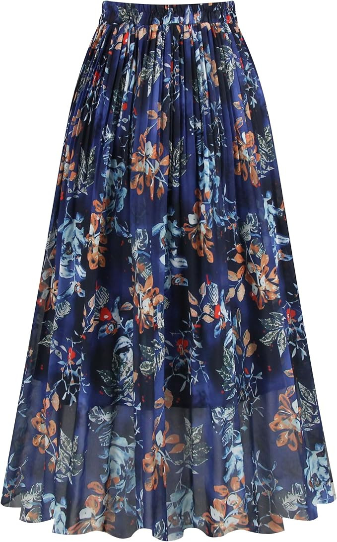 Kingfancy Women's Pleated Skirt Chiffon Elastic Waist A-Line Midi Length Skirt | Amazon (US)