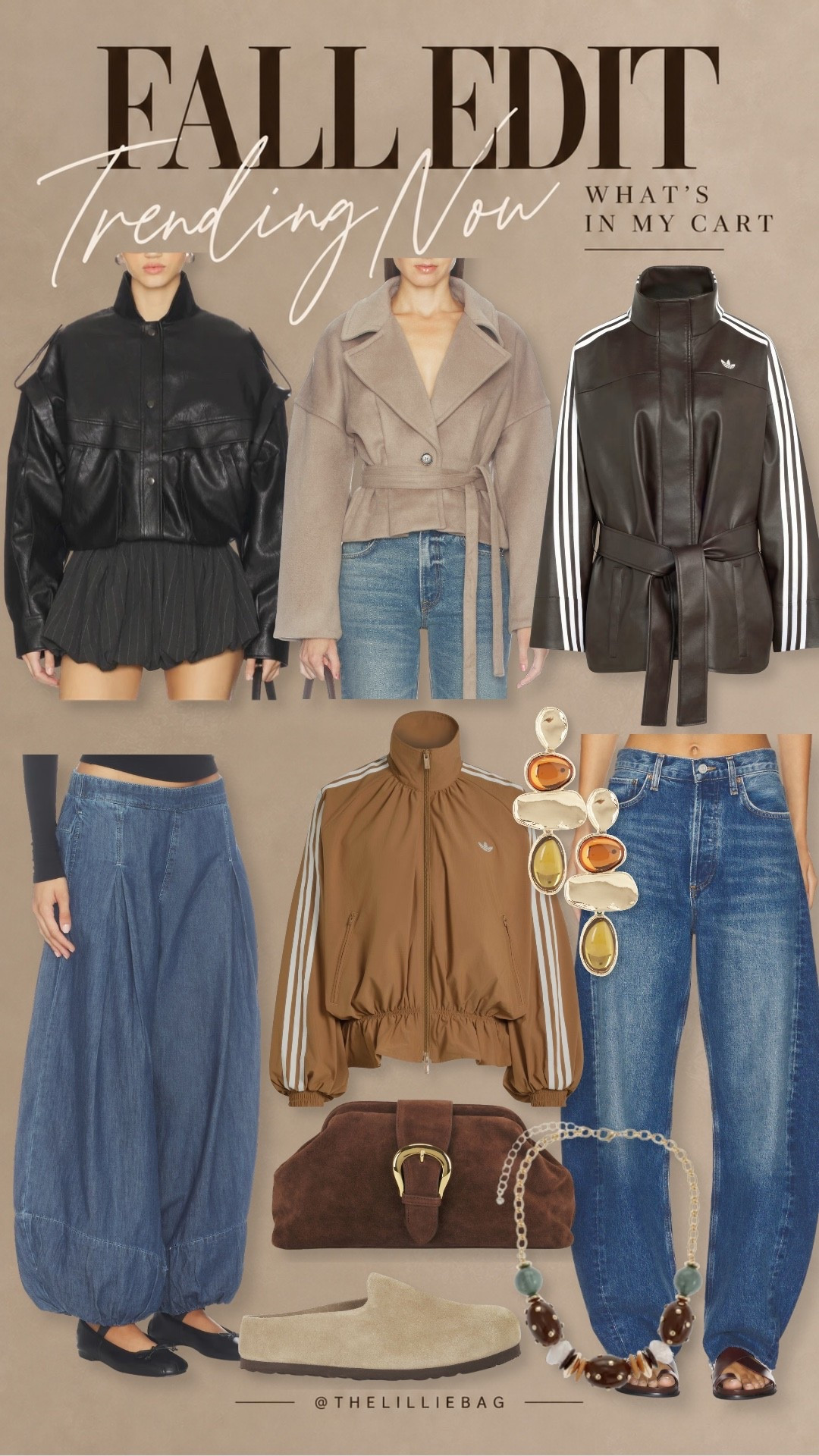 Fall fashion is taking a sporty-chic turn, and I’m here for it! 🤎 Leather jackets, barrel-leg denim, Adidas layers, suede bags, and statement accessories are all making their way into my cart. Which piece would you wear first?

Fall fashion trends, fall outfit ideas, leather jackets for women, barrel leg jeans, sporty chic outfits
