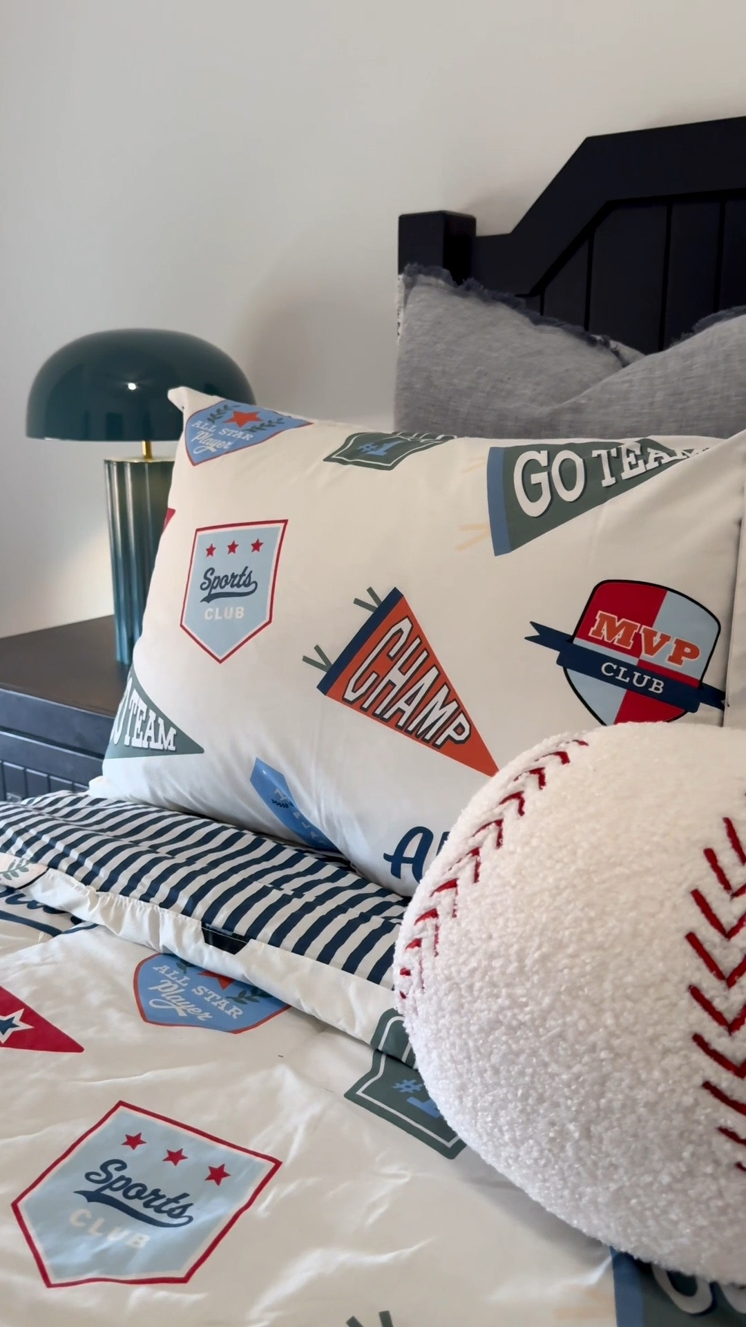 Boys room, toddler room. Sports theme boy room. Bed size is a Full Size. Bedding, sheets, euro pillows, decorative baseball pillow, throw blanket.

#LTKHome #LTKFindsUnder50 #LTKFindsUnder100