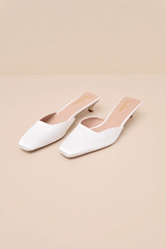 Auroette White Satin Kitten Heel Mule Pumps | Lulus