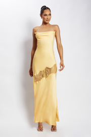 Chandra Lace Detail Satin Maxi Dress - Lemon | Meshki (APAC)