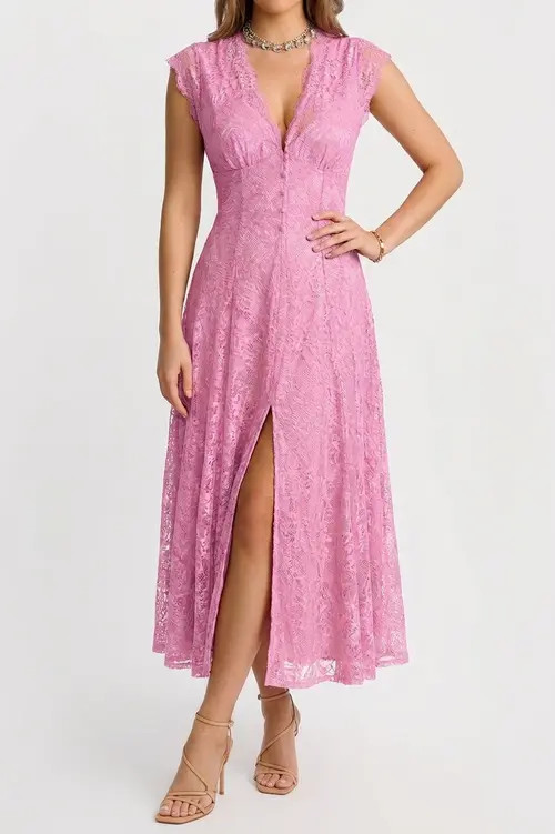 Popilush Shapewear Boho Floral Lace V Neck Resort Maxi Dress in Rosy Pink at Nordstrom, Size Medium | Nordstrom
