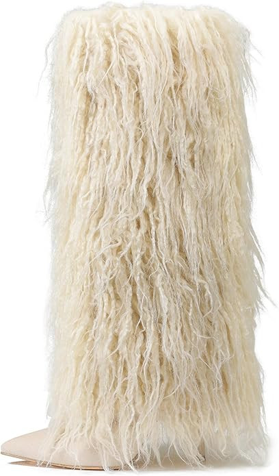 Kalstage Women Fur Knee High Boots Heels Wide Calf Fold Over Tall Boots for Party Evening Fashion... | Amazon (US)