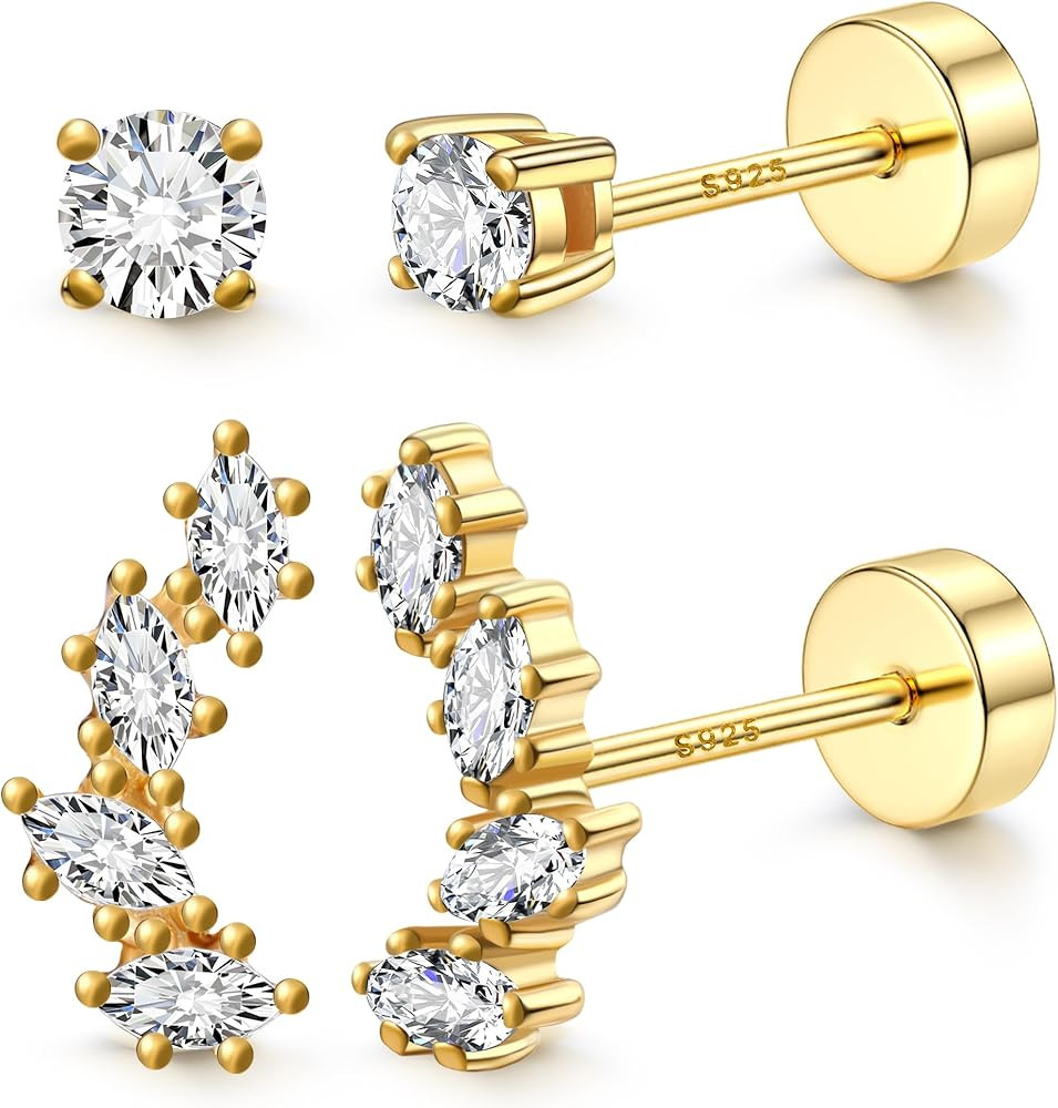 2 Pairs 925 Sterling Silver Flat Back Earrings for Women Dainty CZ Flatback Cartilage Earring Sma... | Amazon (US)