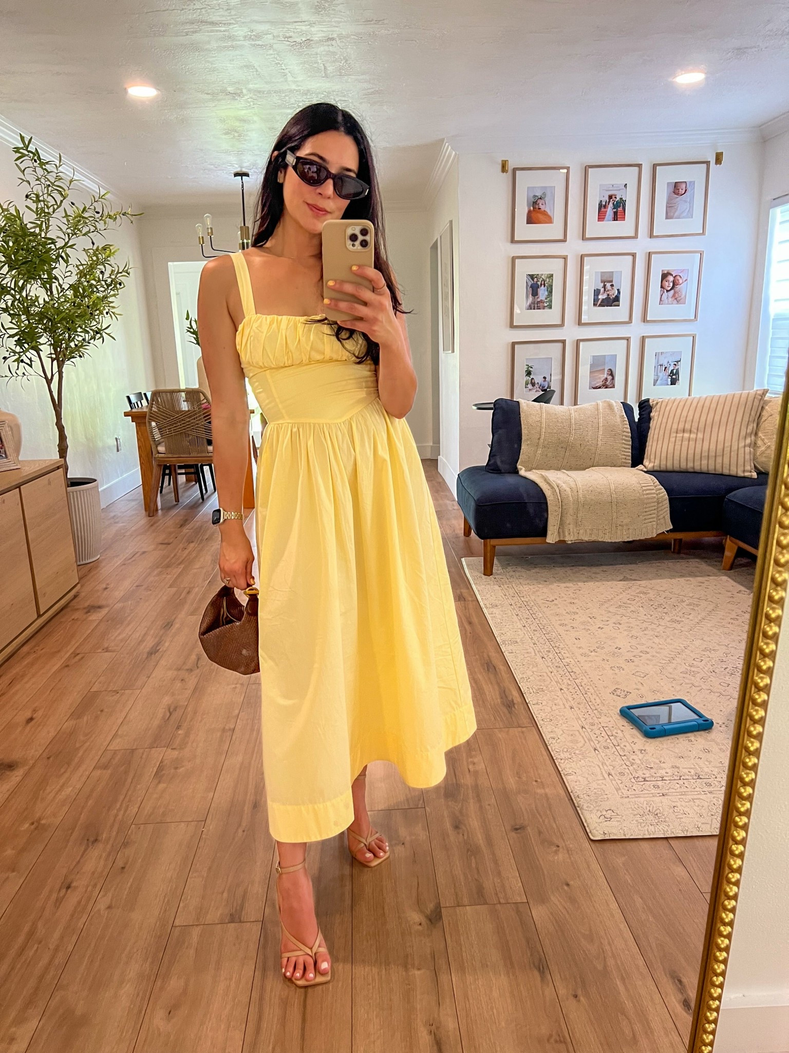 Sign me up for a dress that lends to more than one season! 💛 This gem is Spring/Summer friendly!! Great color, airy, and compliments the body! Love this dress and this look! 

Also, wearing shoes in the house only because cleaning began after this photo was taken 😂🙃

#LTKStyleTip #LTKSummerEdit #LTKParties