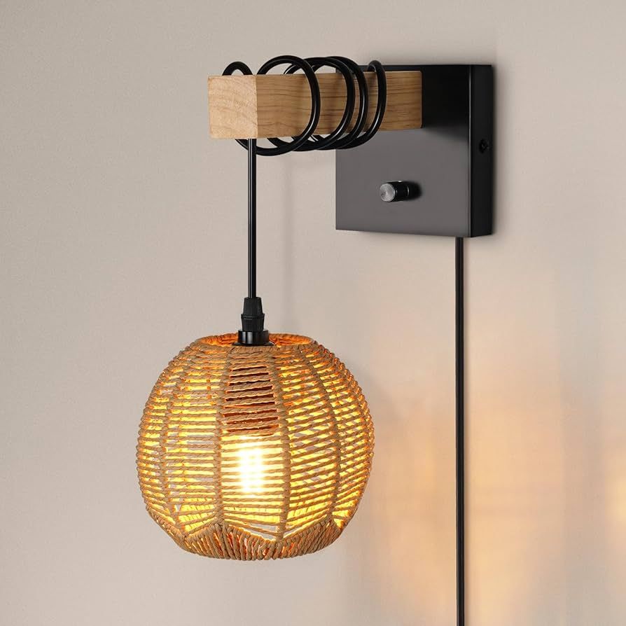 HYMELA N01 Rattan Wall Sconce Natural Style, Rustic Wall Mounted Light with Hand-woven Shade, Dimmab | Amazon (US)