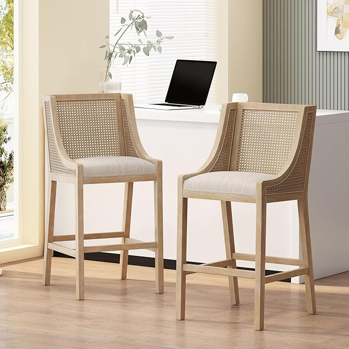Merax 30" Fabric Upholstered Wood and Cane Barstools with Backrest,Set of 2,French Country Counte... | Amazon (US)