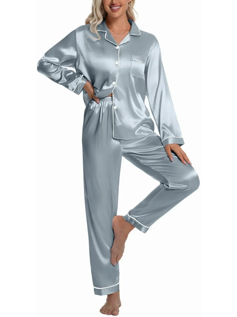 DAKIMOE Sleepwear Womens Silky Satin Pajamas Set Long Sleeve Nightwear Loungewear, Light Blue, M | Walmart (US)