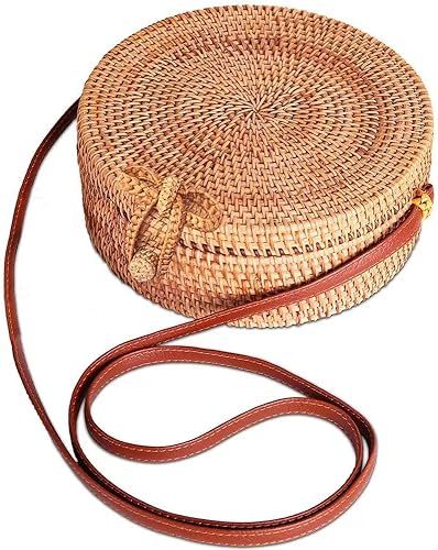 Round Rattan Bag for women,Handmade woven Circle Purse Handbag with Shoulder Leather Straps | Amazon (US)