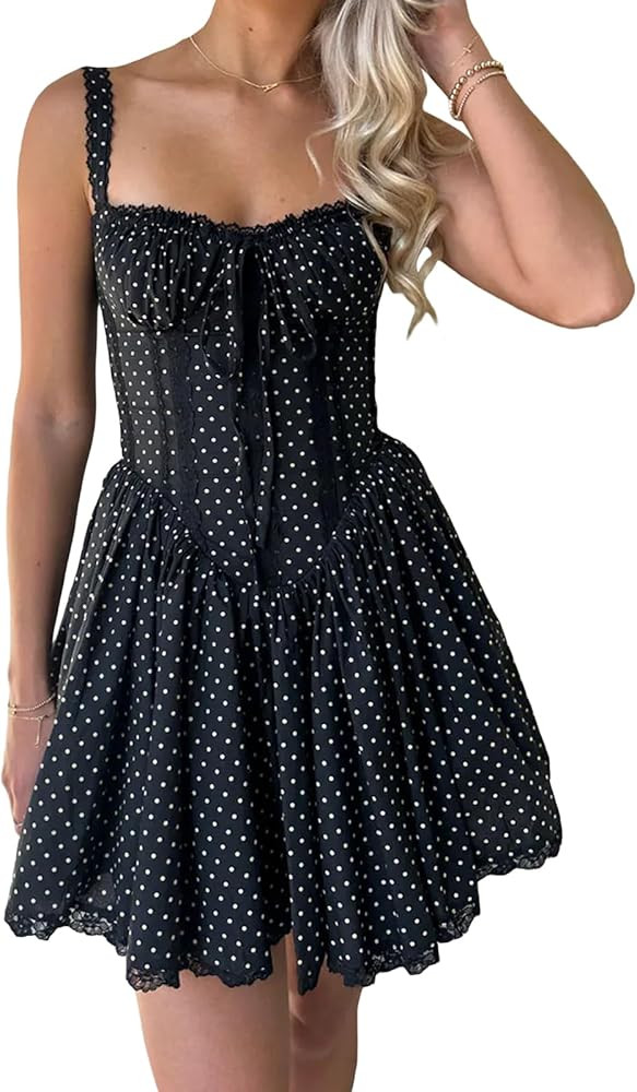 Women's Corset Mini Dress Spaghetti Strap Square Neck Bustier Dress Goth Low Cut A Line Short Dre... | Amazon (US)