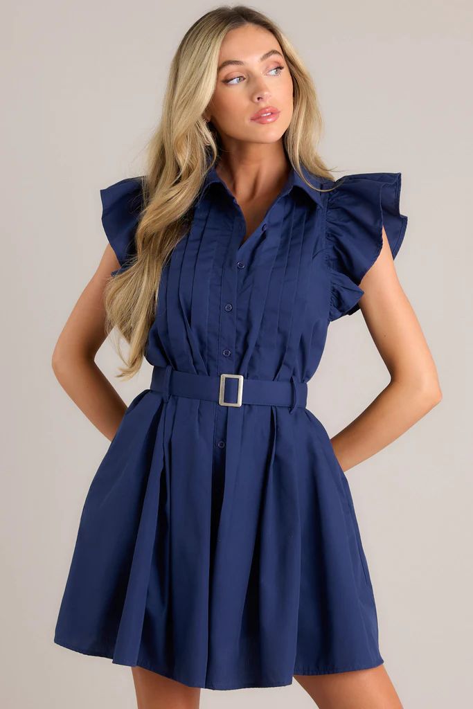 Preserve The Past Navy Belted Button Front Mini Dress | Red Dress