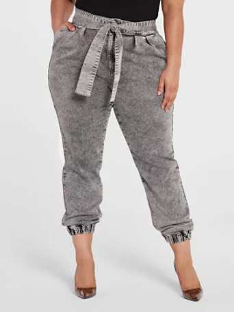 High Rise Tie Waist Denim Joggers - Fashion To Figure | Fashion to Figure
