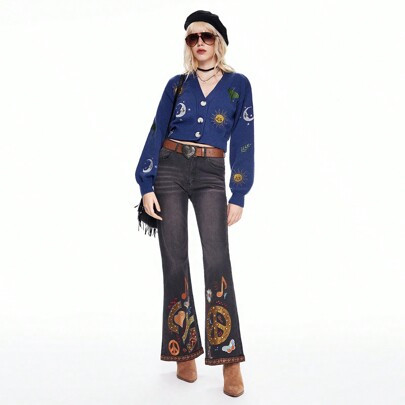 Women's Casual Everyday Sun And Moon Embroidered Front Button Cardigan For Autumn/Winter | SHEIN