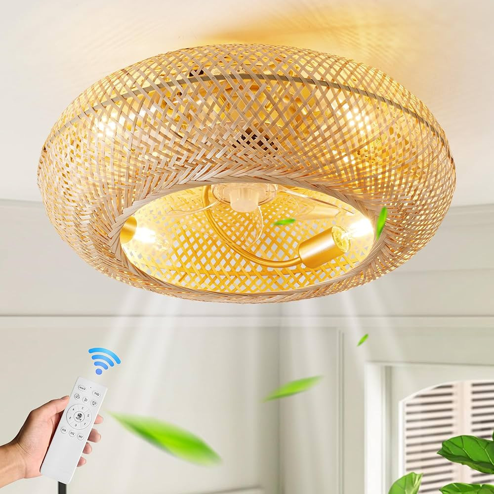 Boho Caged Ceiling Fan with Light Flush Mount, 20 Inch Enclosed Rattan Ceiling Fans with Lights a... | Amazon (US)
