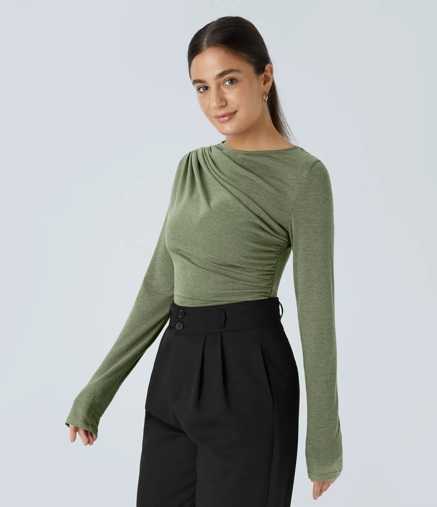 Long Sleeve Asymmetric Ruched Work Top | HALARA