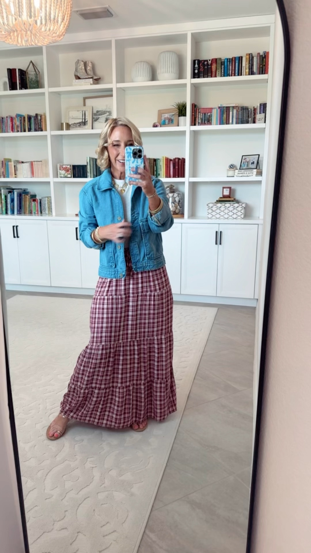 Walmart New Arrivals - teacher outfits:
• Plaid tiered maxi skirt - size S. $14.98. 2 colors. 
• Heathered t-shirt - size small. PART OF A SET. 
• Denim jacket - size XS. 60% off + free shipping. 

#LTKSeasonal #LTKFindsUnder50 #LTKOver40