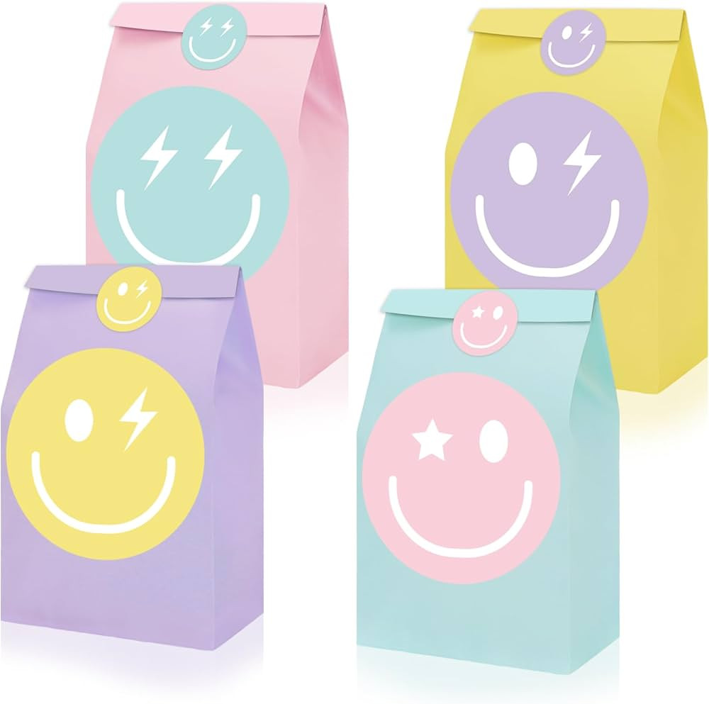 JarThenaAMCS 24Pcs Preppy Party Favor Bags Pastel Smile Face Paper Gift Bags with Tag Sticker Dec... | Amazon (US)
