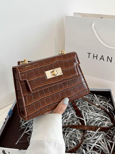 Mini Crocodile Embossed Twist Lock Flap Square Bag | SHEIN