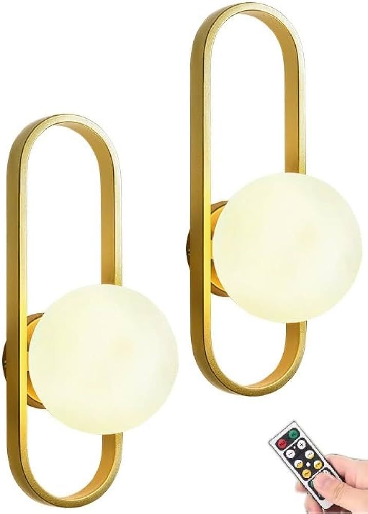 Globe Gold Wall Sconces Set of 2 Battery Operated with Remote,Indoor No Wiring Dimmable Wall Ligh... | Amazon (US)