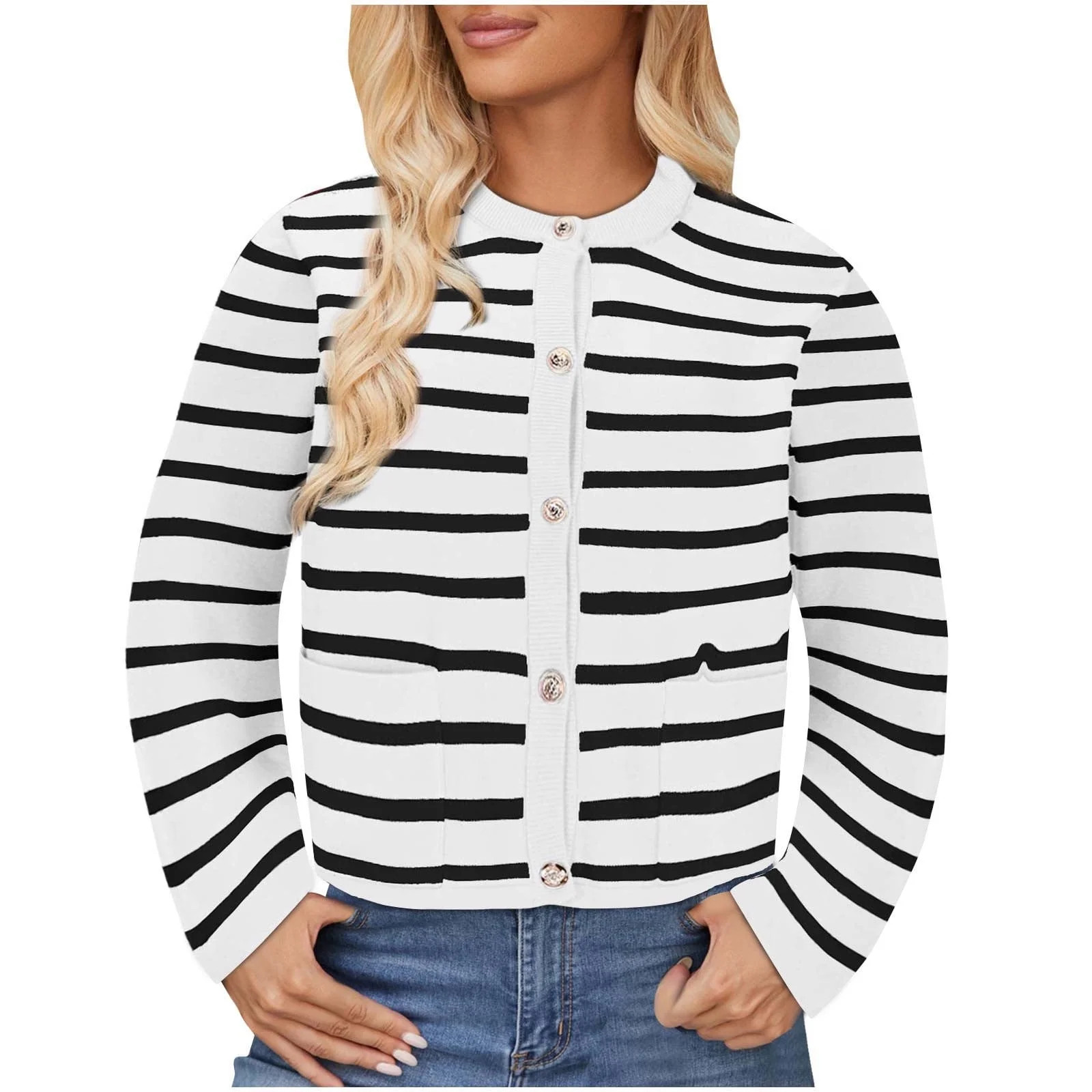 Women's Striped Cardigan Sweater Button Down Knit Loose Top Long Sleeve Casual Jacket with Pocket... | Walmart (US)