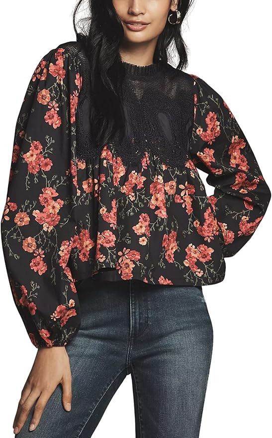 Lentta Women's Lace-Detail Flared Blouse Long Sleeve Crew Neck Poplin Mesh Swing Babydoll Tops El... | Amazon (US)