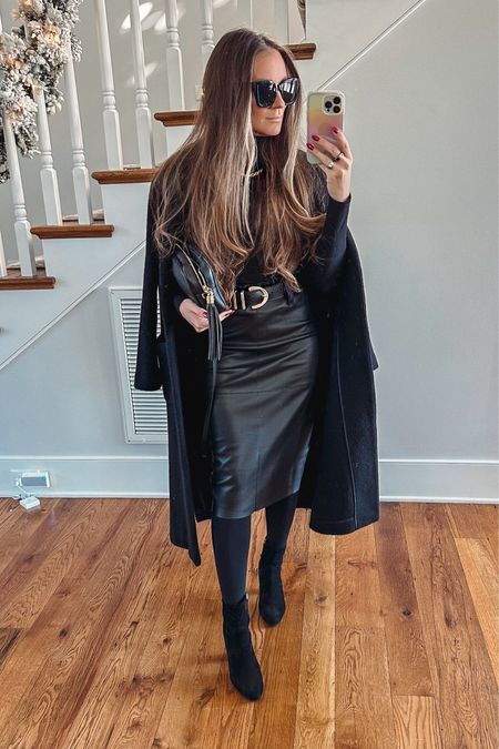 Monochromatic all black look for a busy day. Great look to take you from work to holiday parties. Faux leather skirt is so trendy this season and easily dresses up or down. Bodysuit is on sale!

#LTKshoecrush #LTKworkwear #LTKsalealert
