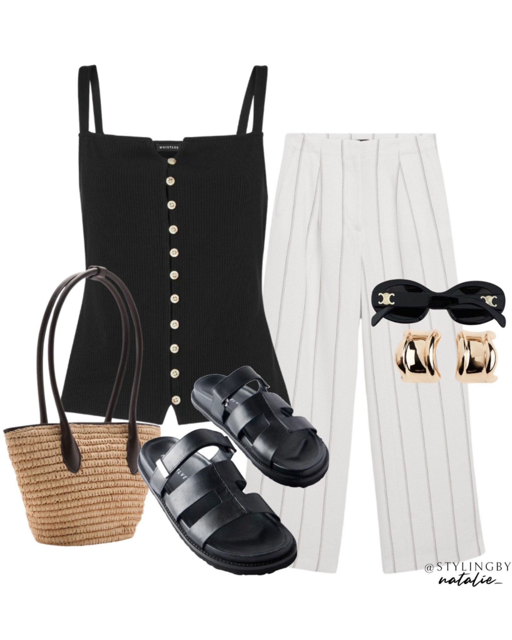 Strappy button up longline vest, stripe wide leg trousers, leather sandals, gold earrings, celine sunglasses & natural fibre tote bag.
Summer outfit, casual chic & stripes.

#LTKsummer #LTKeurope #LTKstyletip