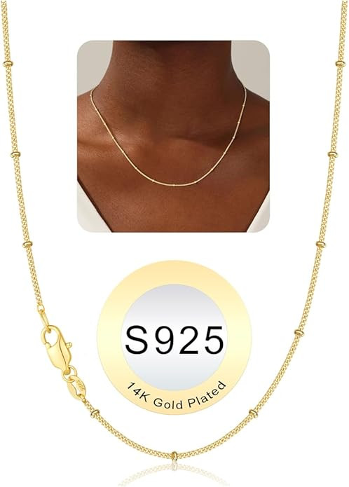 IEFWELL S925 Sterling Silver Chain Necklace for Women - 14K-Real-Gold-Plated 1.5mm Satellite Bead... | Amazon (US)
