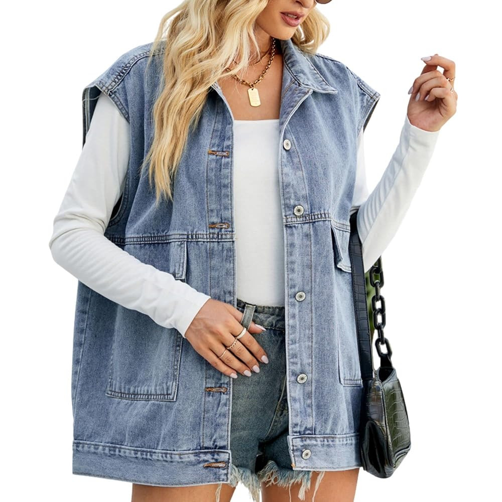 FindThy Women’s Vintage Denim Jean Vest Oversized Button Down Jean Waistcoat Gilet | Amazon (US)
